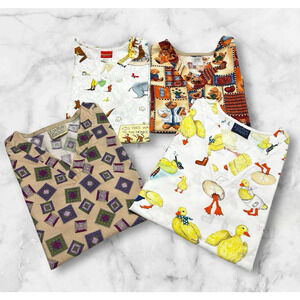 Vintage Scrub Tops Lot of 4 Size L Pockets Chicks Geometric Bears Curious George